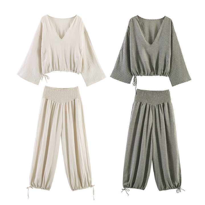 Damer casual bluse med vid V-hals og elastisk kant Skjora