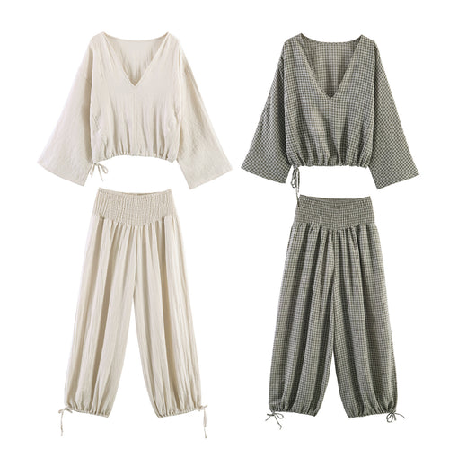Damer casual bluse med vid V-hals og elastisk kant Skjora