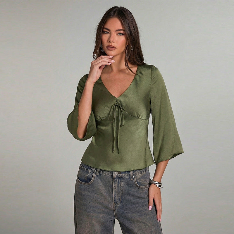 Dame Elegant topp med slips og vide ermer Skjora