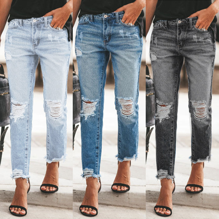 Dame Destroyed Mom Jeans med frynser og avslappet snitt Skjora