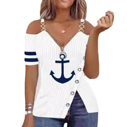 Dame Off-Shoulder topp med maritimt motiv og dekorative knapper Skjora