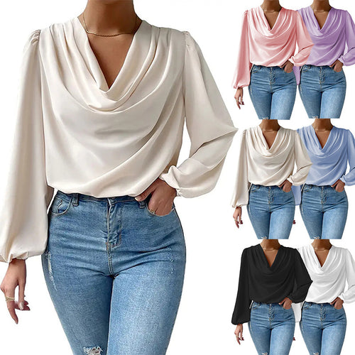Damer Elegant Langarm-bluse med drapering og vid passform Skjora