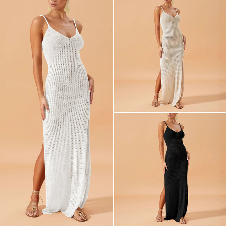 Damen Elegantes Maxikleid mit tiefem V-Ausschnitt und seitlichen Schlitzen Skjora
