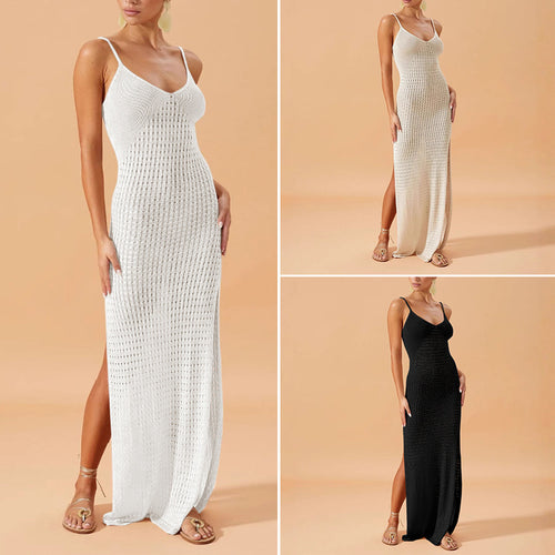 Damen Elegantes Maxikleid mit tiefem V-Ausschnitt und seitlichen Schlitzen Skjora