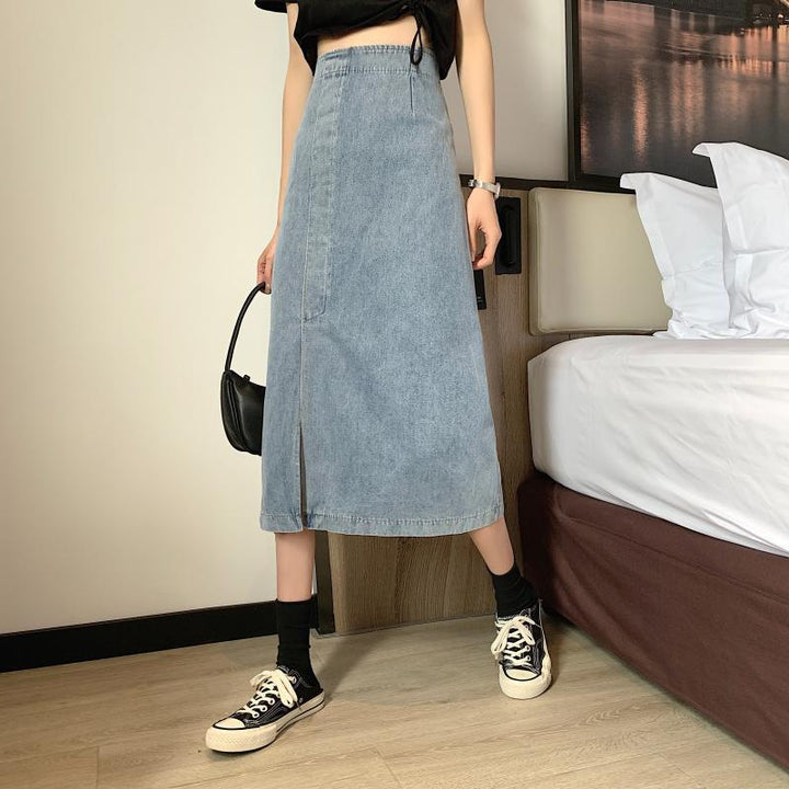 Kvinne jeans midi skjørt med sidesplit Skjora