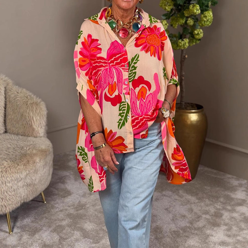 Kvinnenes Flytende Kimono Bluse med Fargerik Blomsterdesign Skjora