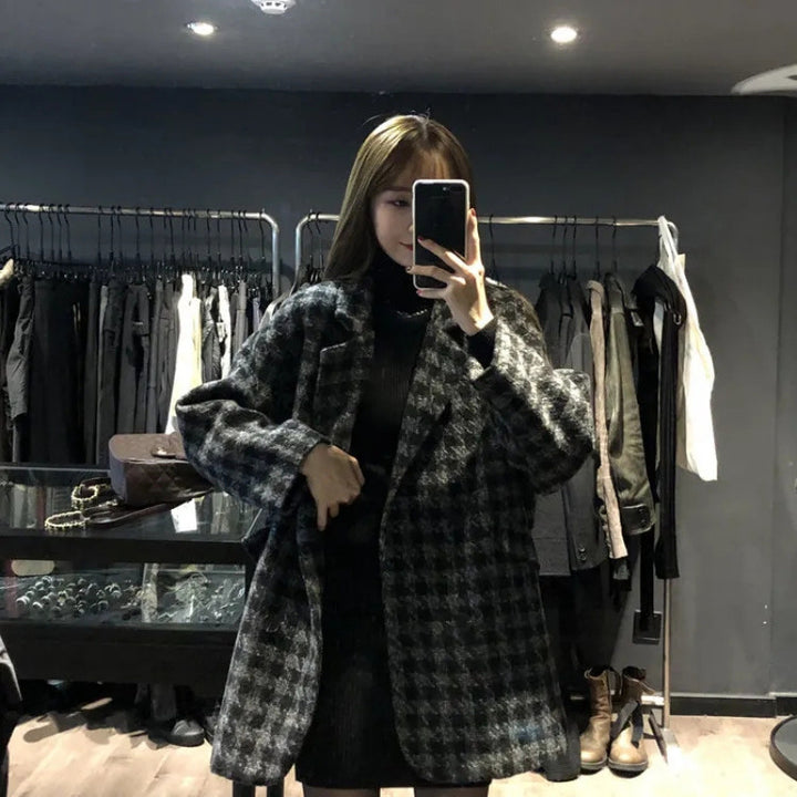 Dame Oversized Rutete Kåpe med Dobbel Knapplukking Skjora