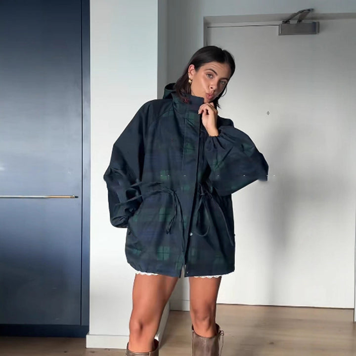 Kvinne casual jacket med trendy rutemønster og justerbart belte Skjora