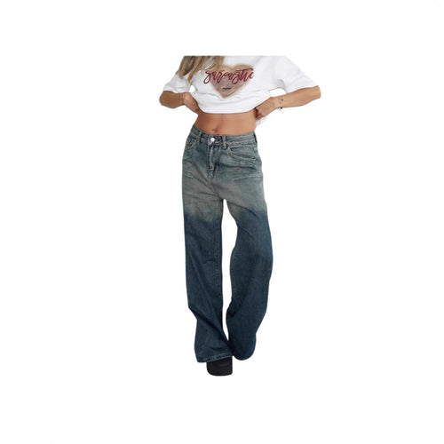 Dame løse høye midjejeans med trendy fargeforløp og vide ben Skjora