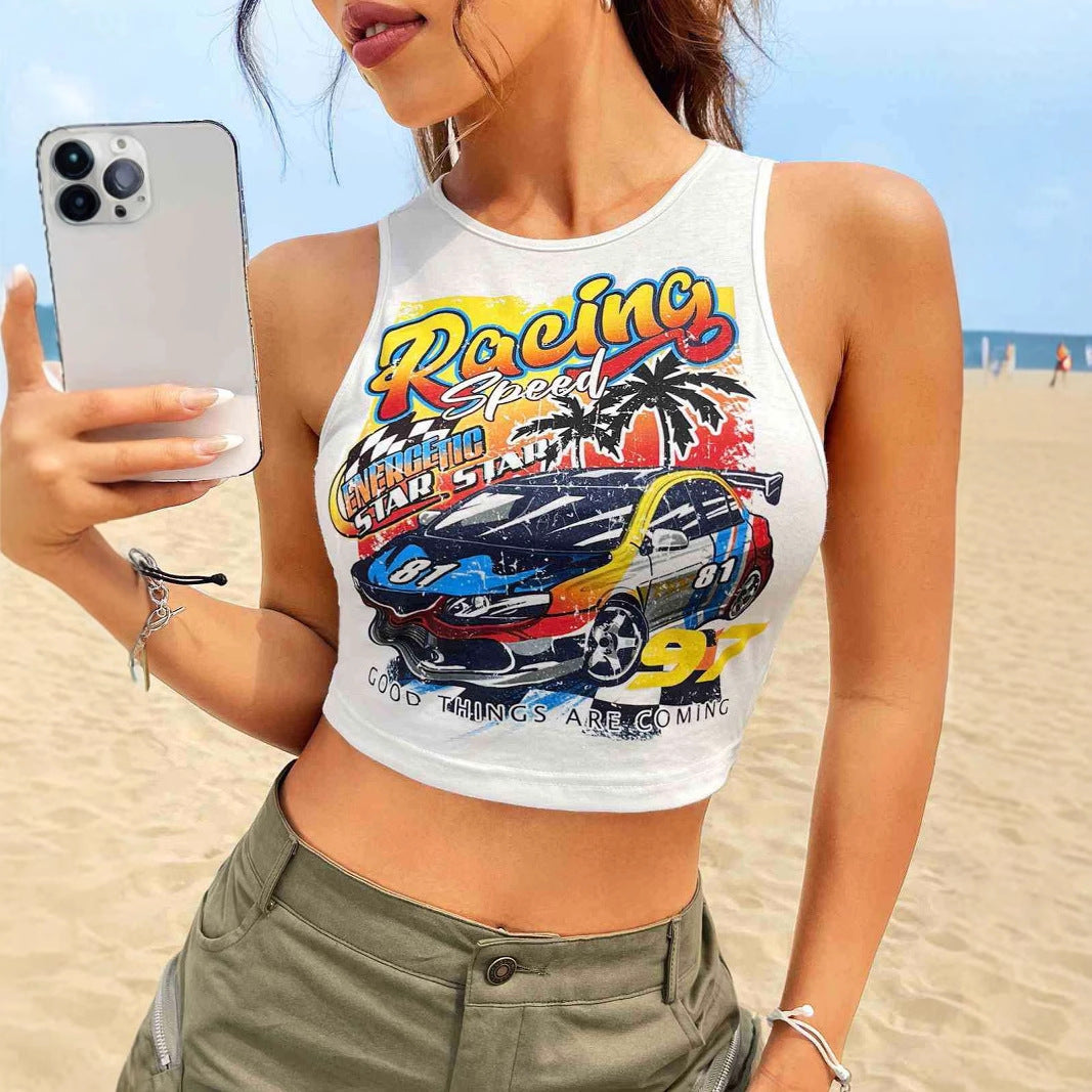 Dame Cropped Tank-Top med kreativ bilsportmotiv og avslappet snitt Skjora
