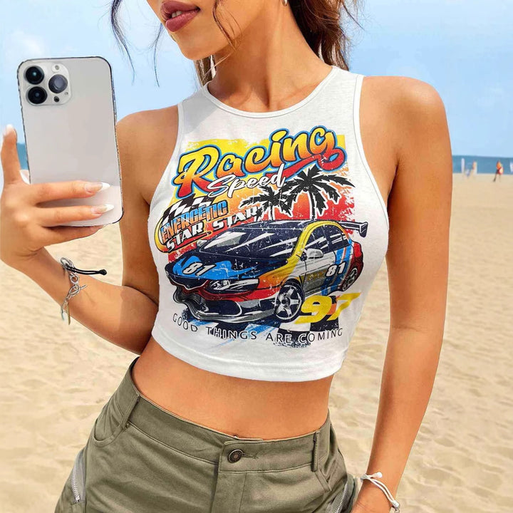 Dame Cropped Tank-Top med kreativ bilsportmotiv og avslappet snitt Skjora