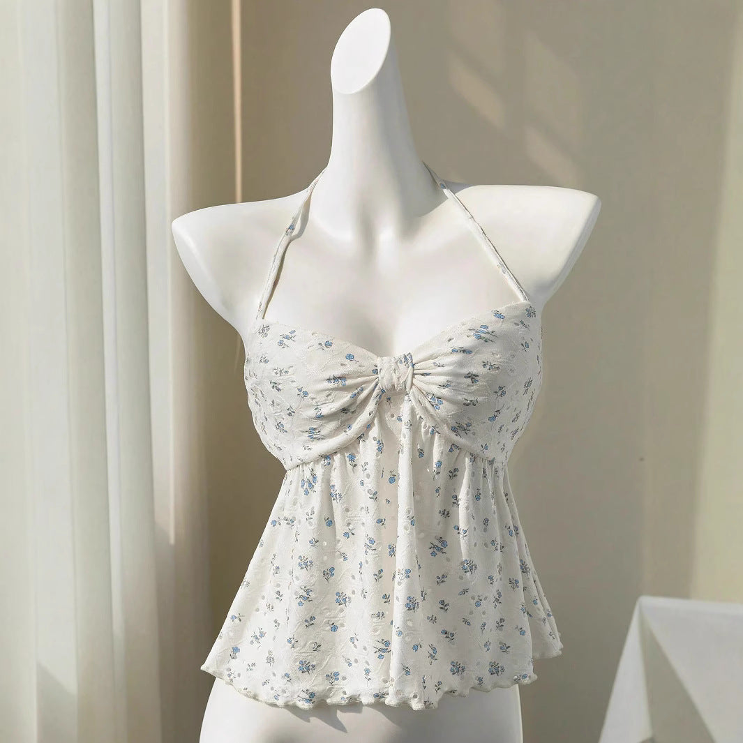 Damer romantisk strandtanktop med blomstermønster og lekent knute Skjora