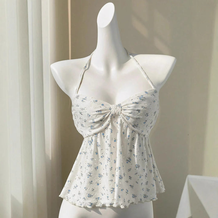 Damer romantisk strandtanktop med blomstermønster og lekent knute Skjora