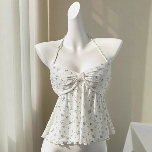 Damer romantisk strandtanktop med blomstermønster og lekent knute Skjora