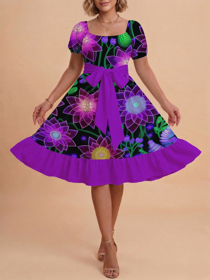 Damen modernes Blumenkleid mit elegantem Taillengürtel und asymmetrischem Saum Skjora