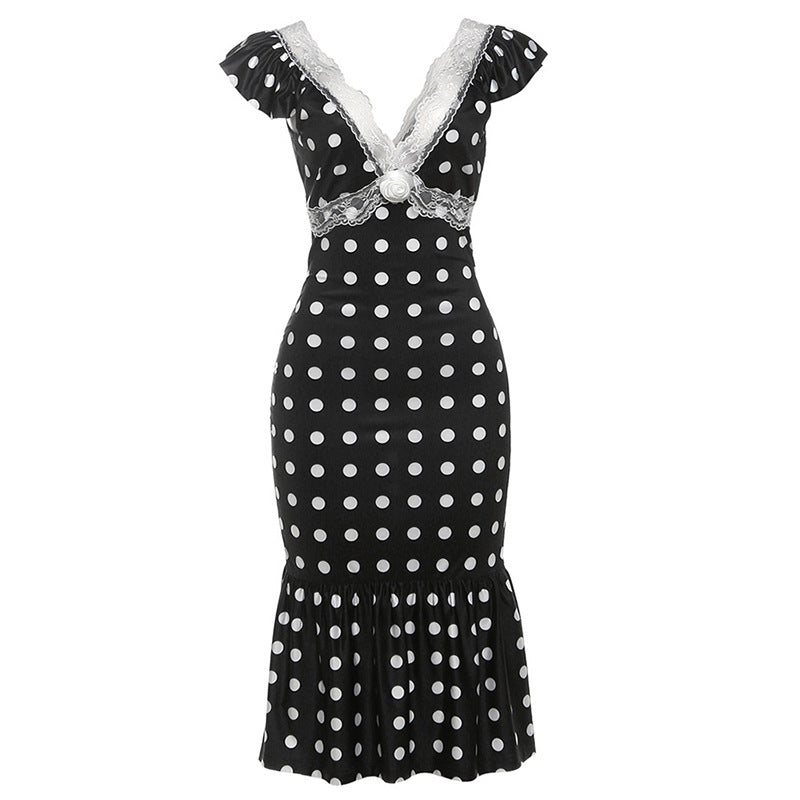 Dame Figurtilpasset Polka-Dot Kjole med Spissapplikasjon Skjora