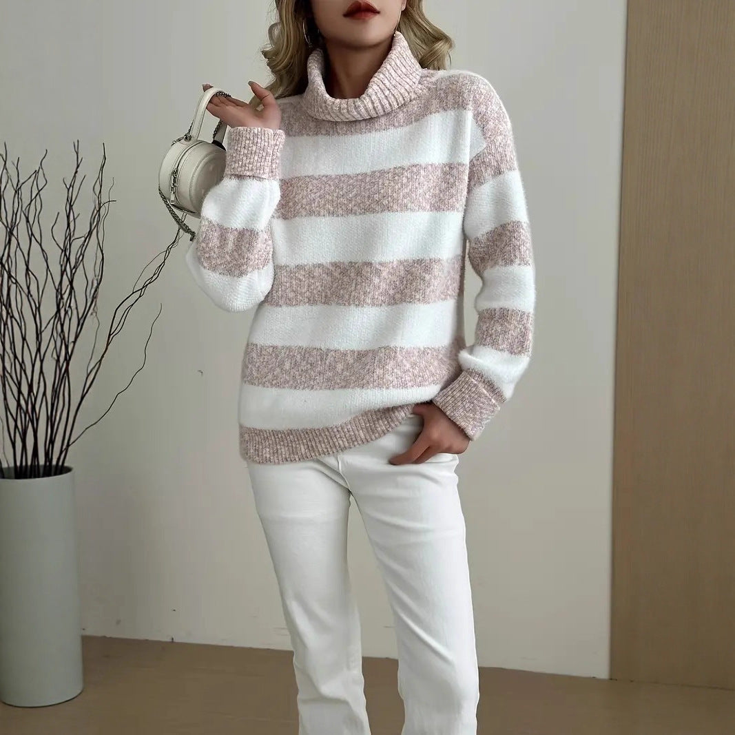 Dame Cozy Genser med Høy Krage og Stripet Design Skjora