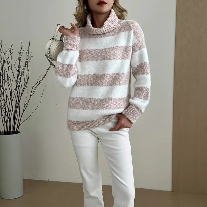Dame Cozy Genser med Høy Krage og Stripet Design Skjora