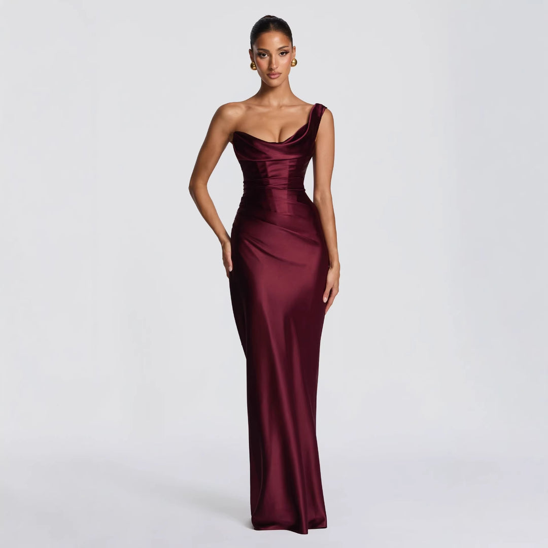 Damer Elegant Satin Lang Kveldskjole med asymmetrisk snitt og figurskinnende design Skjora