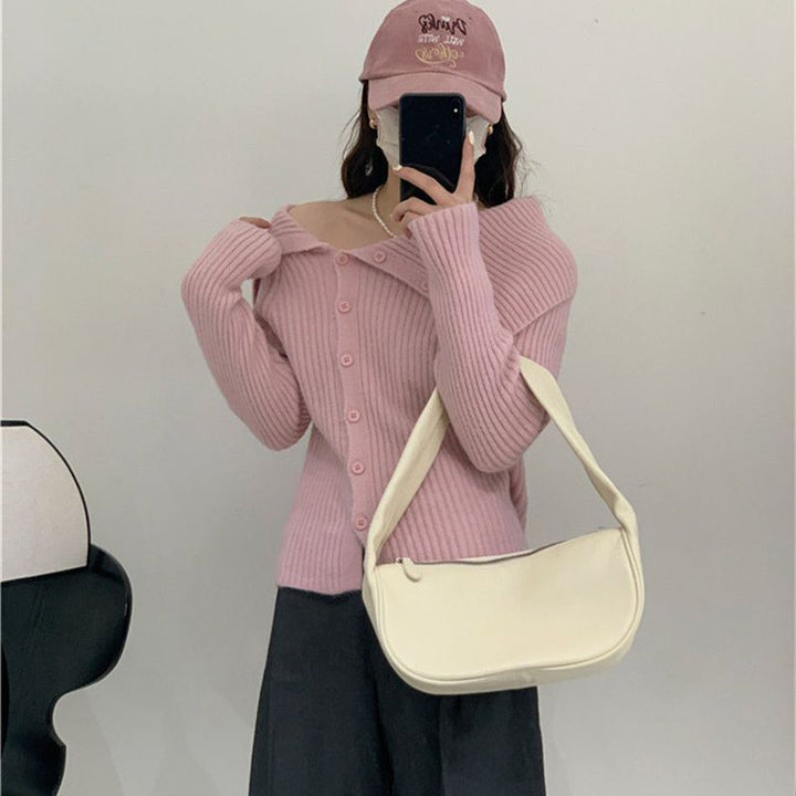Dame finstrikket cardigan med moderne krage Skjora