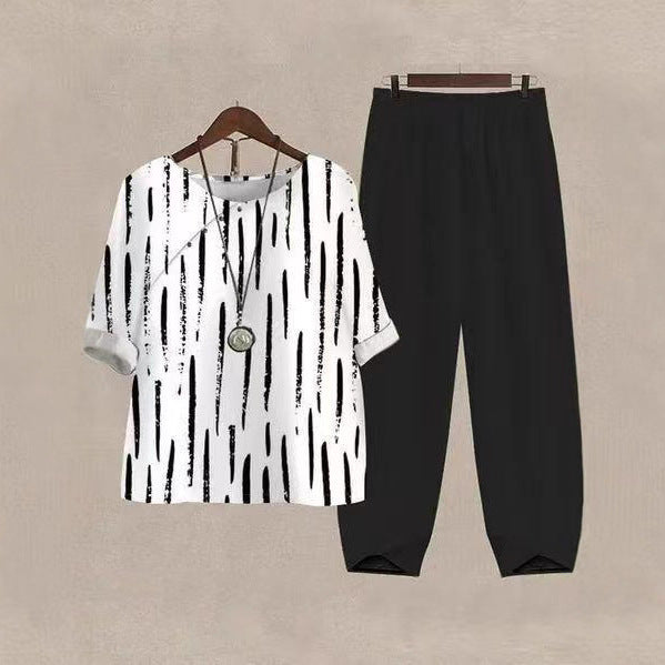 Dame Casual Fritids Sett med Kreativ Stripete Topp og Komfortable Bukser Skjora