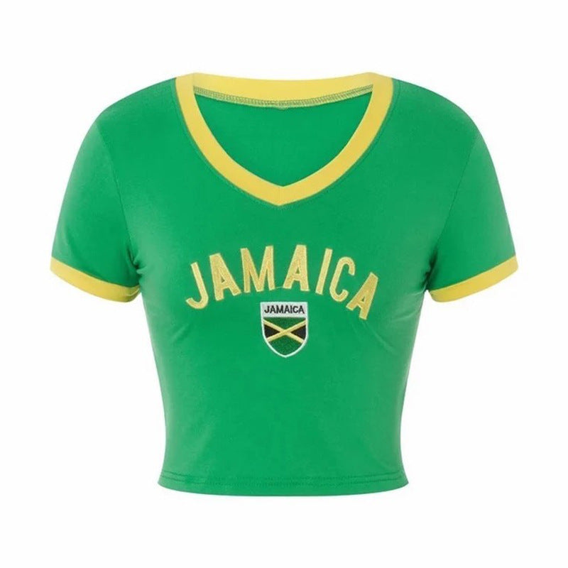 Dame cropped T-skjorte med V-hals og iøynefallende Jamaica-design Skjora