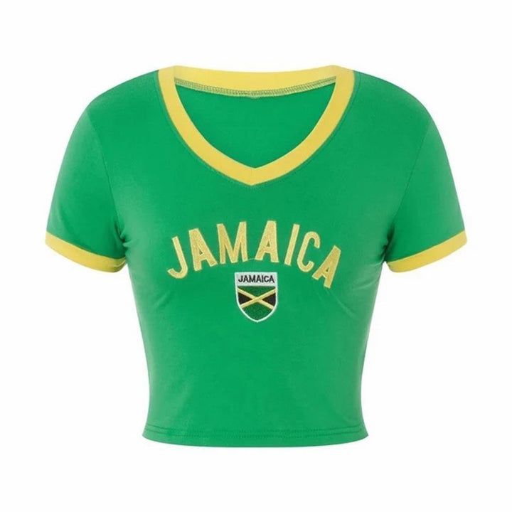 Dame cropped T-skjorte med V-hals og iøynefallende Jamaica-design Skjora