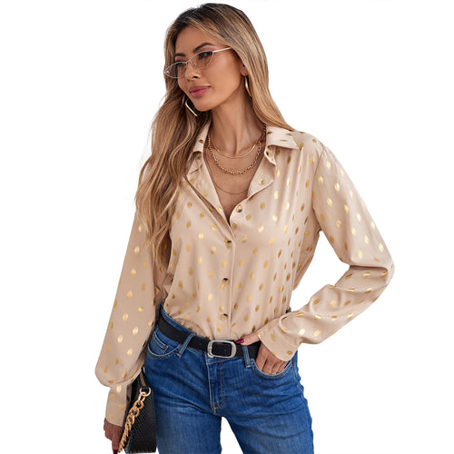 Dame elegant bluse med delikat metallisk trykk og glitrende finish Skjora
