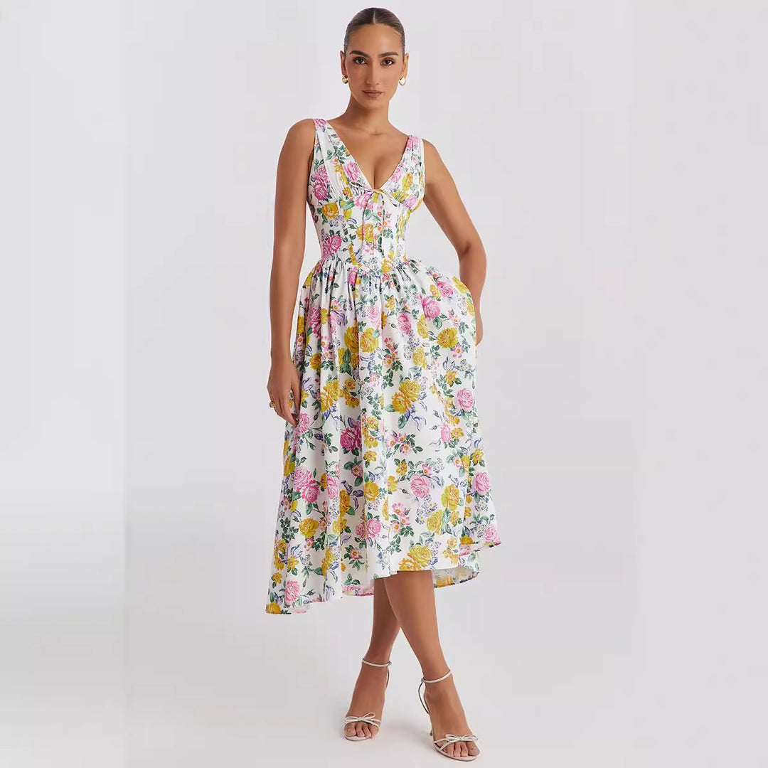 Dame midi kjole med blomsterdetaljer og tilpasset topp