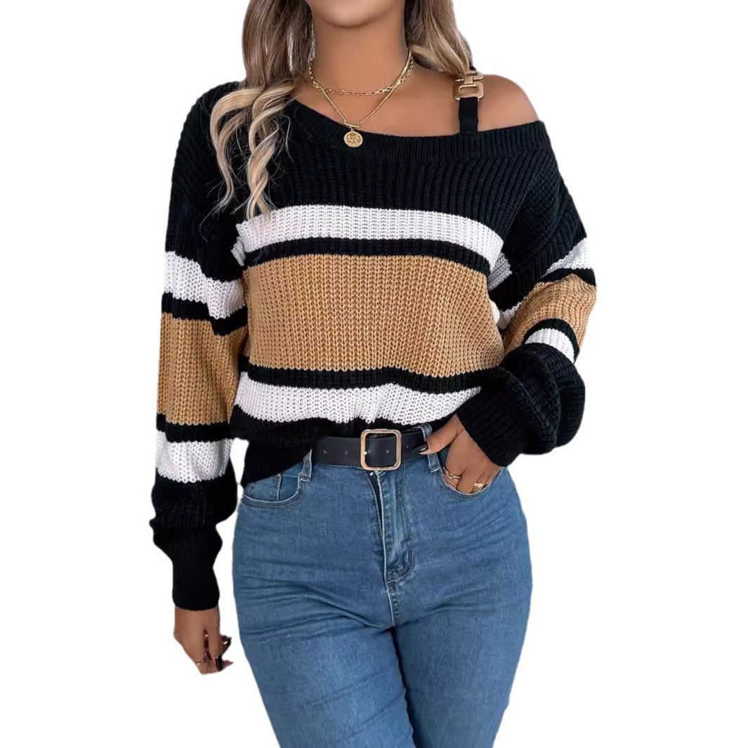 Kvinne Av-Høyre-Sweater med Stripe Detaljer og Trendy Stropp Skjora