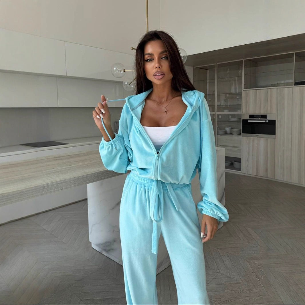 Kvinnes koselige fleece loungewear-sett med praktisk hette og elastisk midjebånd