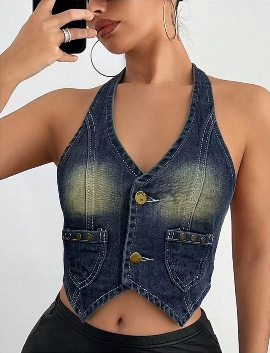 Dame Denim Bustier-jakke med knappdetaljer og påsydde lommer Skjora