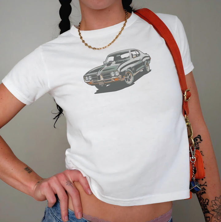 Dame Crop-T-skjorte med kreativ nostalgi-trykk og avslappet snitt Skjora