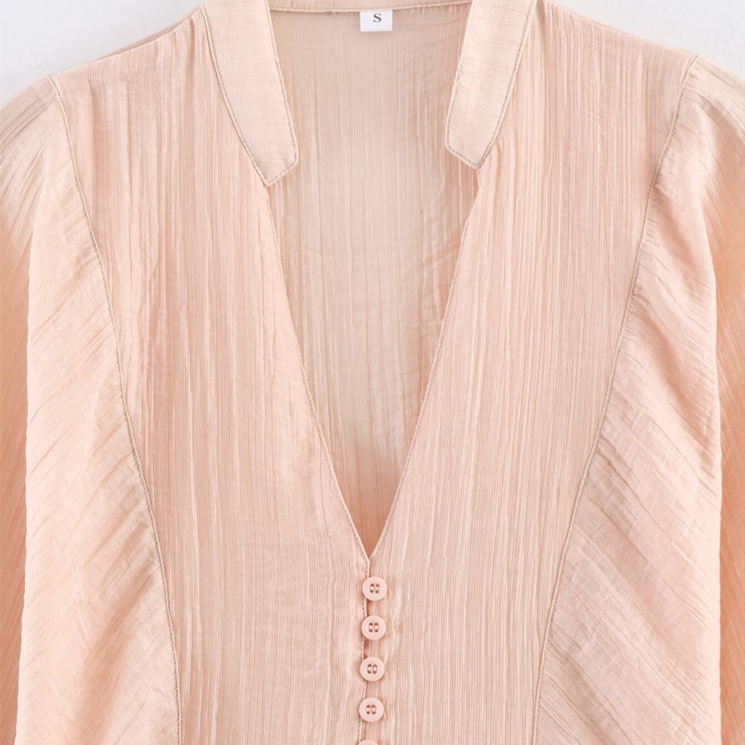 Damer elegant bluse med dyp V-hals og strukturerte ermer Skjora