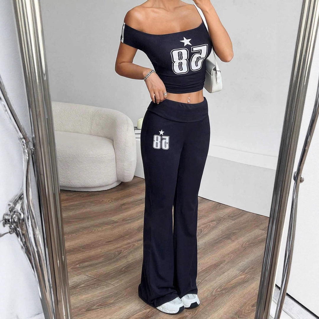 Dame Off-Shoulder Crop-Topp og vid bukse Sett Skjora