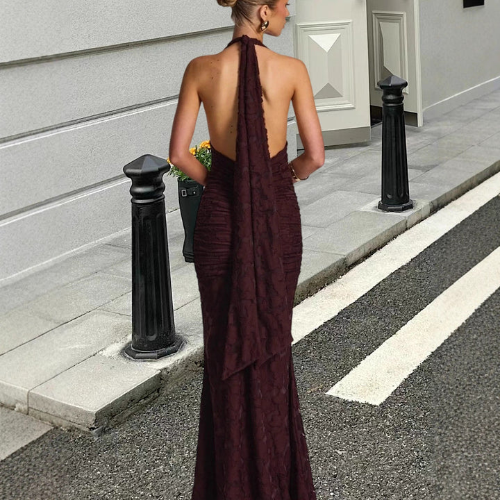 Damer Elegant Maxi Kjole med Dyp V-Hals og Volangdesign