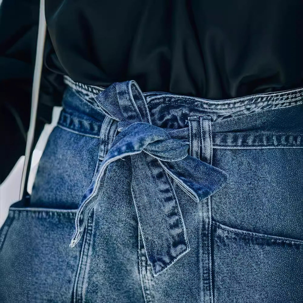 Kvinne denim shorts med høy midje og belte