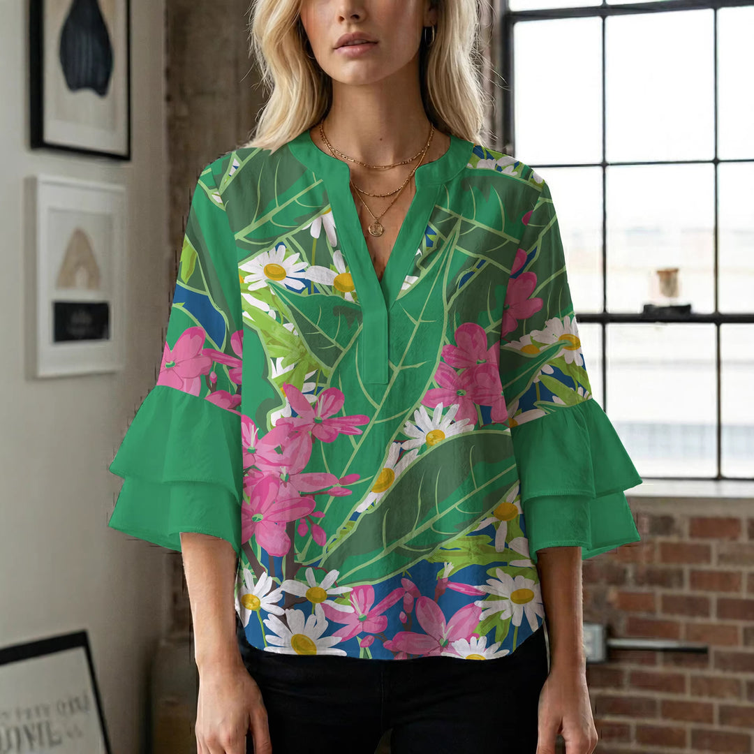 Dame bluse skjorte med voluminøse ermer og blomster mønster Skjora