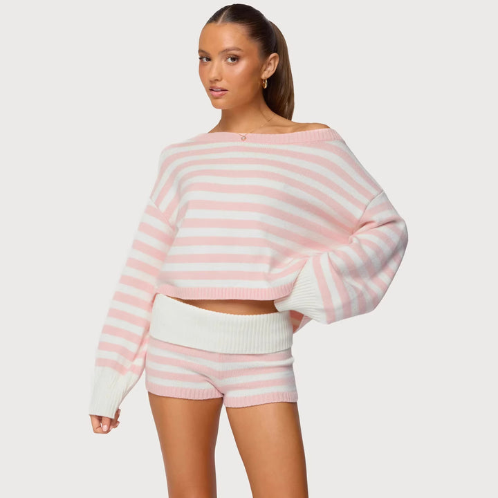 Dame uformell kortermet topp og shorts sett med stripe mønster Skjora