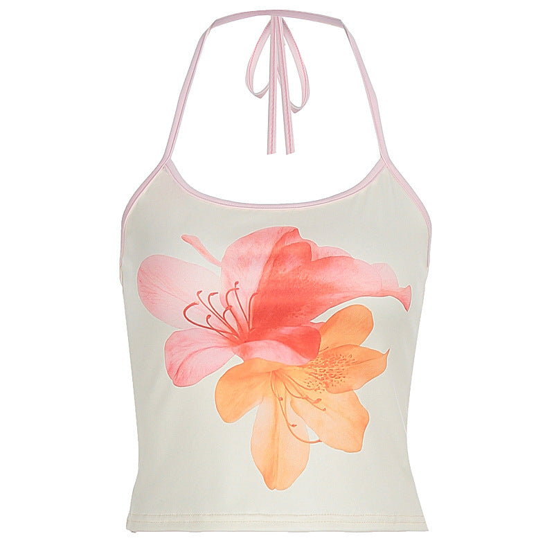 Dame Crop-Top med blomsterprint og halterneck Skjora