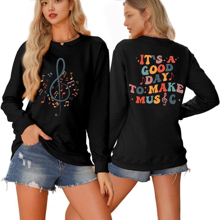 Dame sweatshirt med musikalsk motiv og kreativ skrift Skjora
