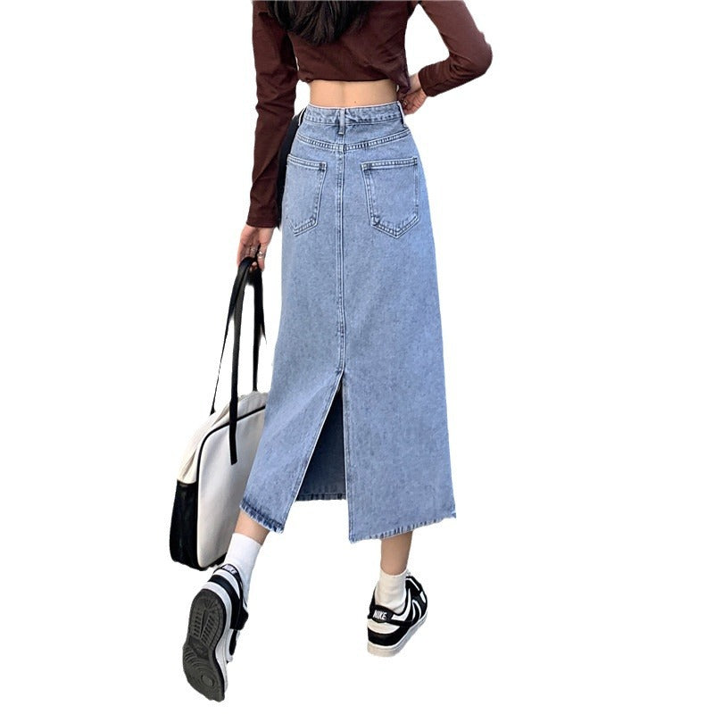 Kvinners Maxi Denim Skjørt med Høy Midje og Sidesplitt Skjora