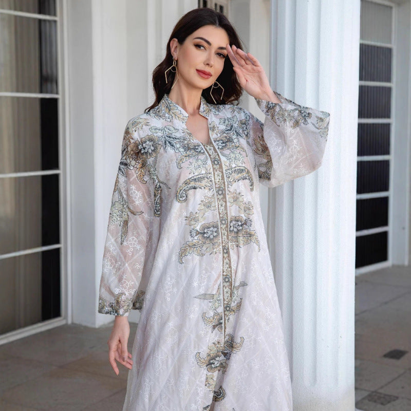 Damer Elegant Kaftan med blomstermønster og gjennomsiktige ermer Skjora