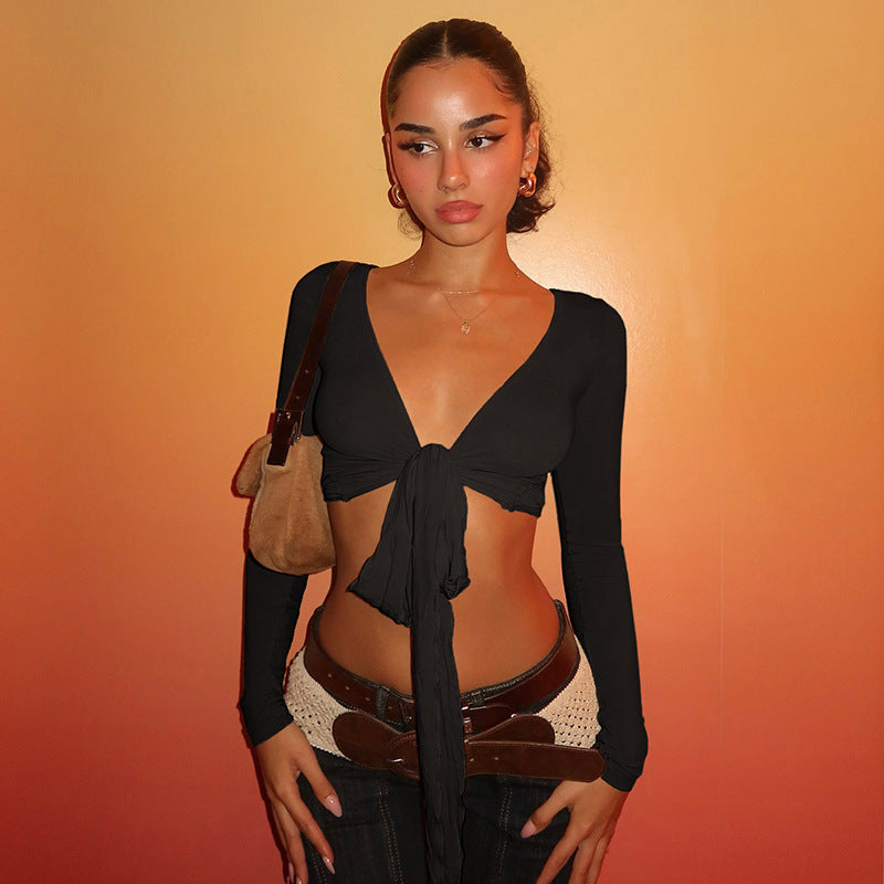 Dame Crop-Top med lekent knytebånd og lange ermer Skjora