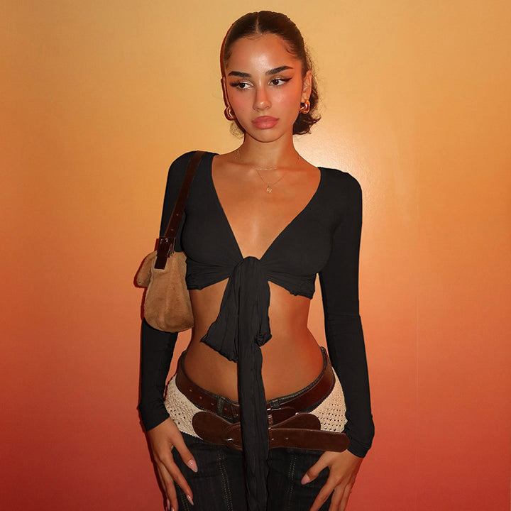 Dame Crop-Top med lekent knytebånd og lange ermer Skjora