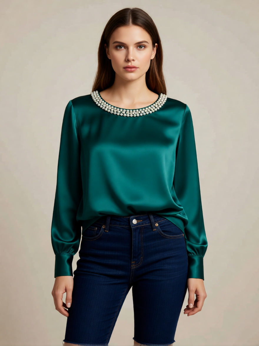 Dame elegant satenglosse bluse med perlekra Whisper