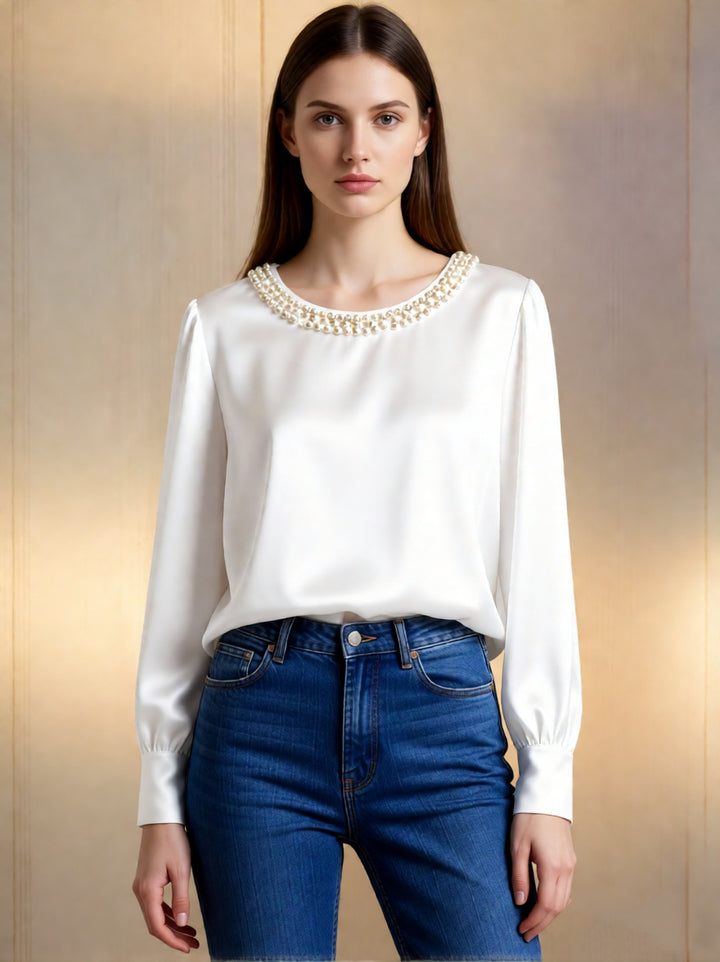 Dame elegant satenglosse bluse med perlekra Whisper