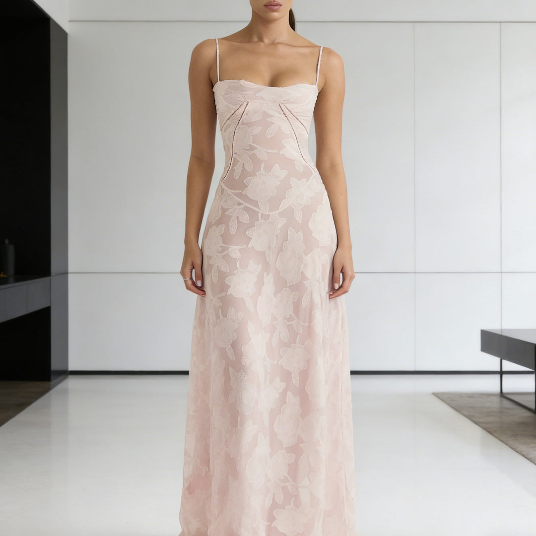 Women's elegant evening gown with floral print bodice and delicate spaghetti straps Skjora