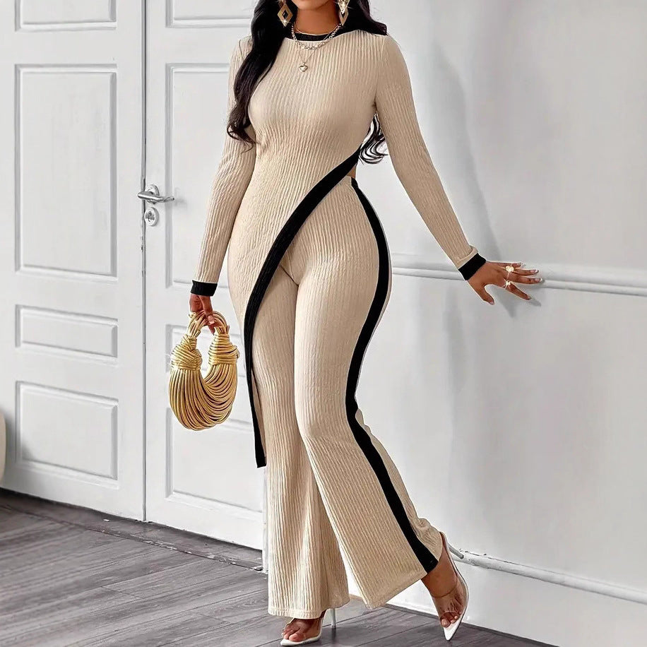 Kvinnes Stilige Jumpsuit med Asymmetrisk Design og Kontrasterende Piping Skjora