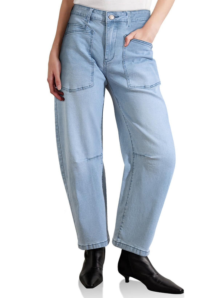 Dame halvhøy denim-bukse med unike påsydde lommer Skjora